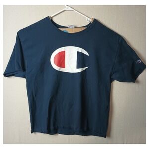 Vintage Champion Spell-Out T-Shirt Big Logo Short‎ Sleeve Casual Size Blue XL P